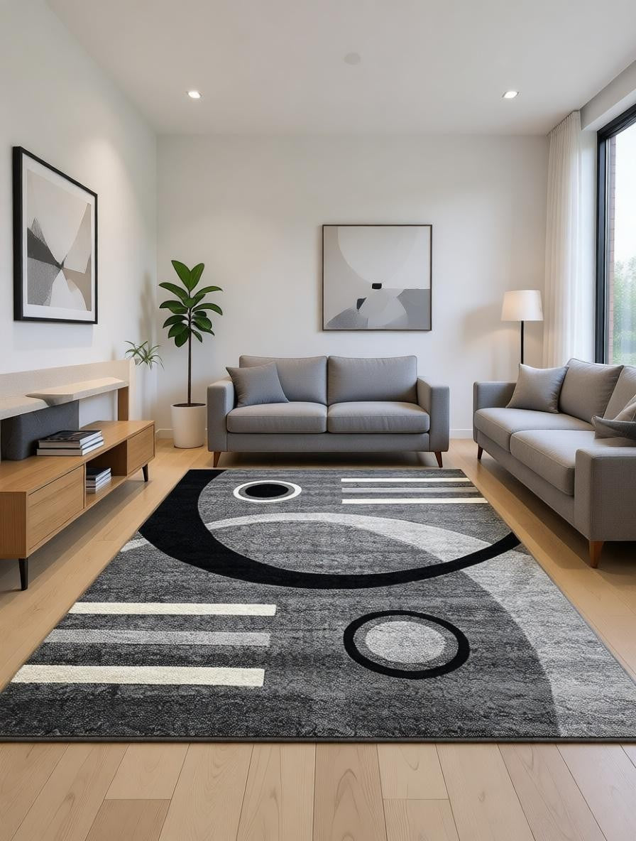 CarpetlyHome modern szürke, fekete és fehér geometriai mintás polipropilén szőnyeg, 12 mm szálhossz.