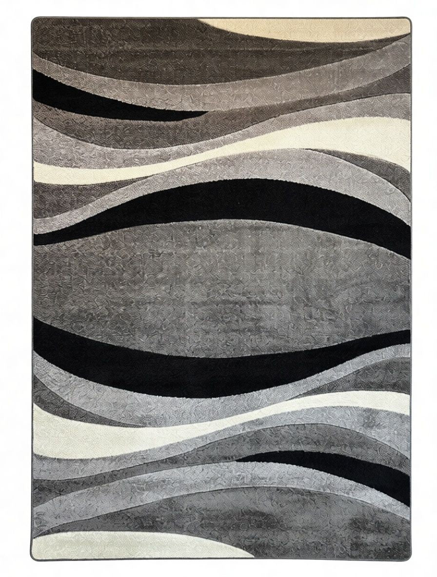 CarpetlyHome hullámzó mintás modern szőnyeg szürke, fekete és fehér színekben, 100% polipropilénből.
