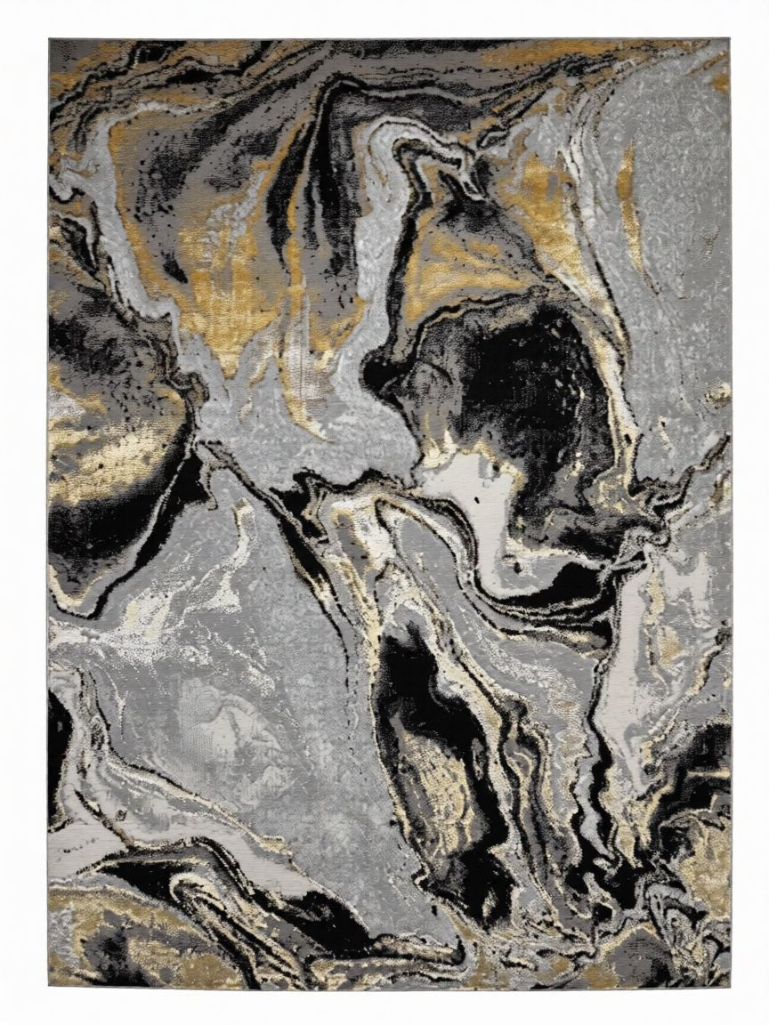 CarpetlyHome márvány mintás szőnyeg fekete, szürke és arany színekben, modern absztrakt dizájnnal.