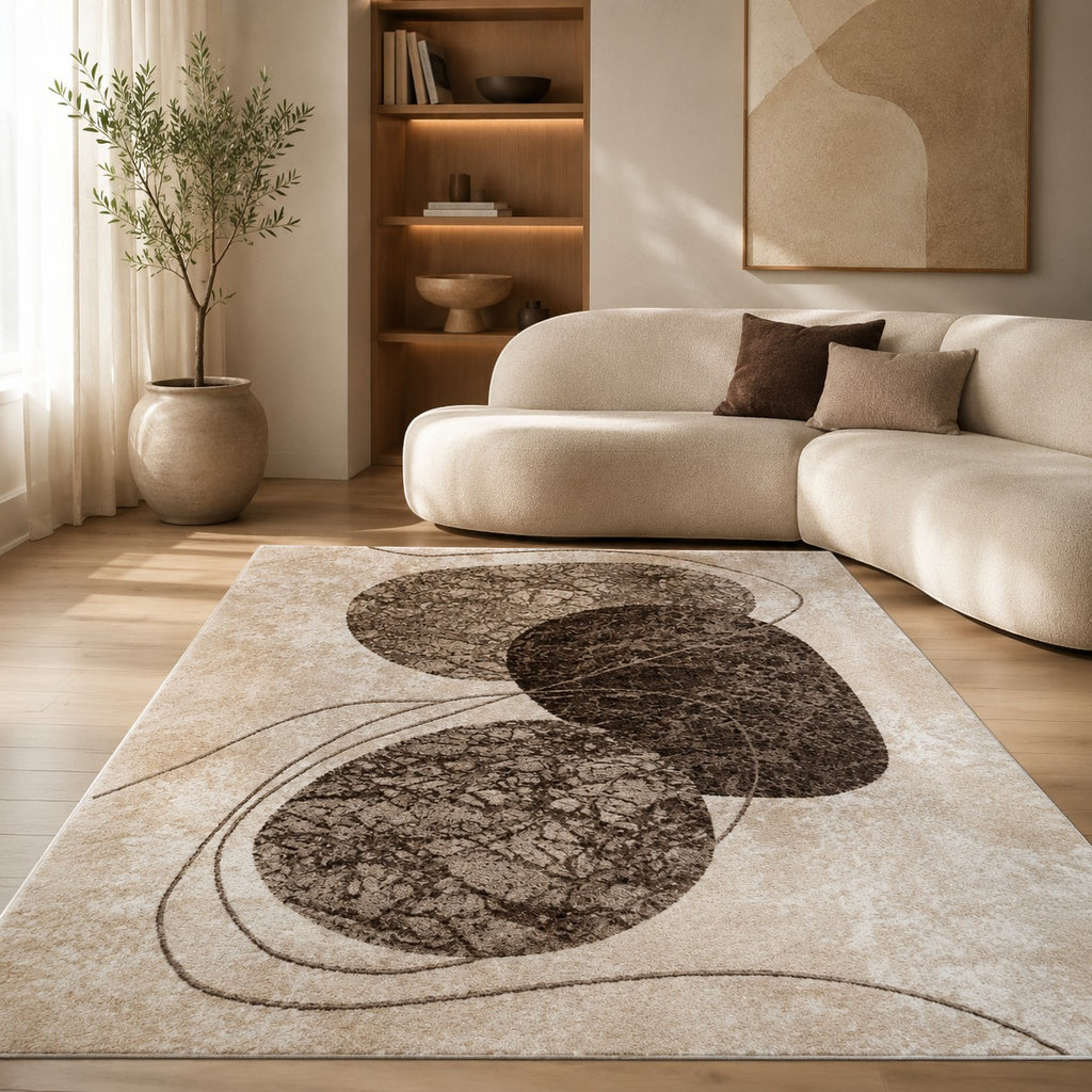 CarpetlyHome barna-bézs absztrakt mintás modern szőnyeg, 100% polipropilén, 10mm szálhossz.