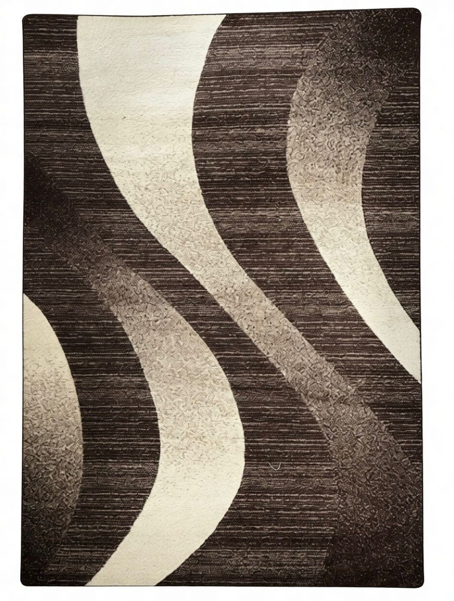 CarpetlyHome modern szőnyeg hullámmintával, barna és krémszínű, 100% polipropilén, 12 mm szálhossz.