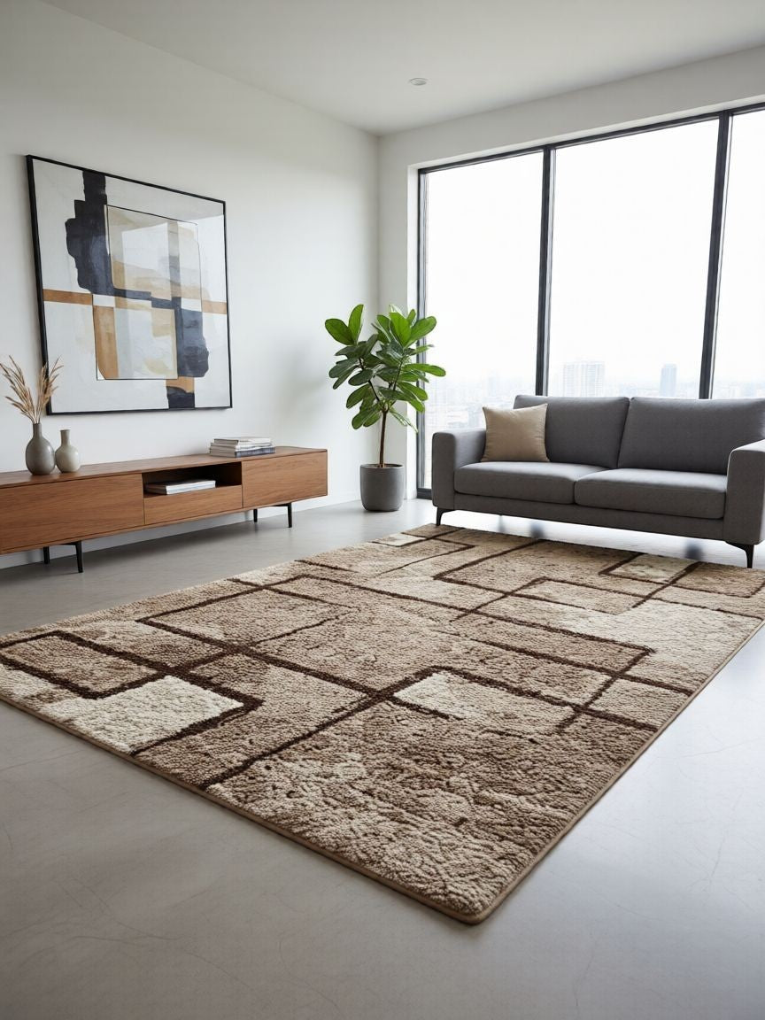 CarpetlyHome bézs-barna geometrikus mintás modern szőnyeg, 100% polipropilén, 12 mm szálhossz.