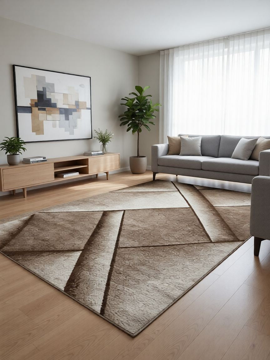 CarpetlyHome bézs-barna geometrikus mintás modern szőnyeg, 100% polipropilén, 12 mm szálhossz.