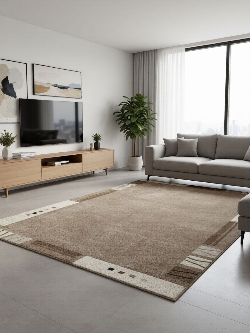 CarpetlyHome Nora bézs-barna mintás modern szőnyeg, 100% polipropilén, 12 mm szálhossz, padlófűtéshez is alkalmas, könnyen tisztítható.