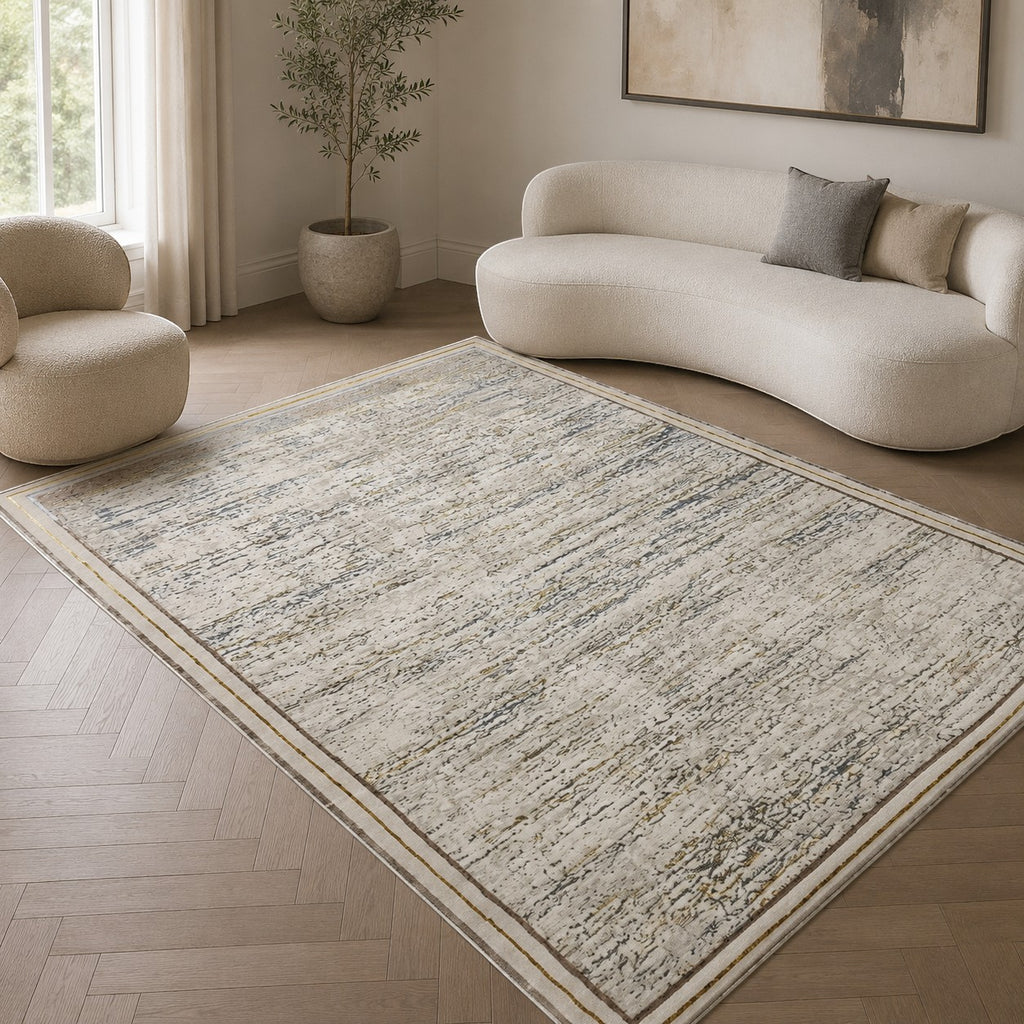 CarpetlyHome bézs, kopott mintás, modern szőnyeg, 100% polipropilén, 8 mm szálhossz, padlófűtéshez is alkalmas.