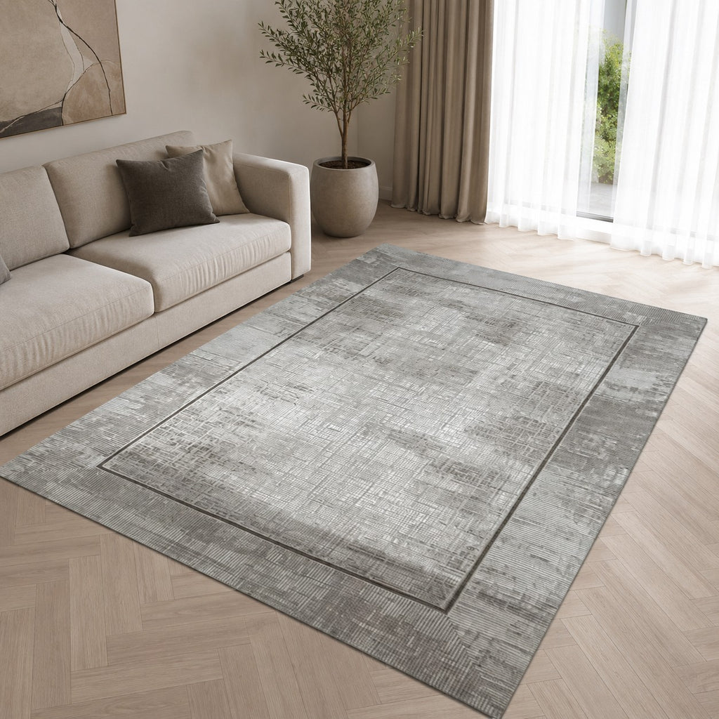 CarpetlyHome bézs-szürke keretmintás modern szőnyeg, 100% polipropilén, 12 mm szálhossz, padlófűtéshez is alkalmas.