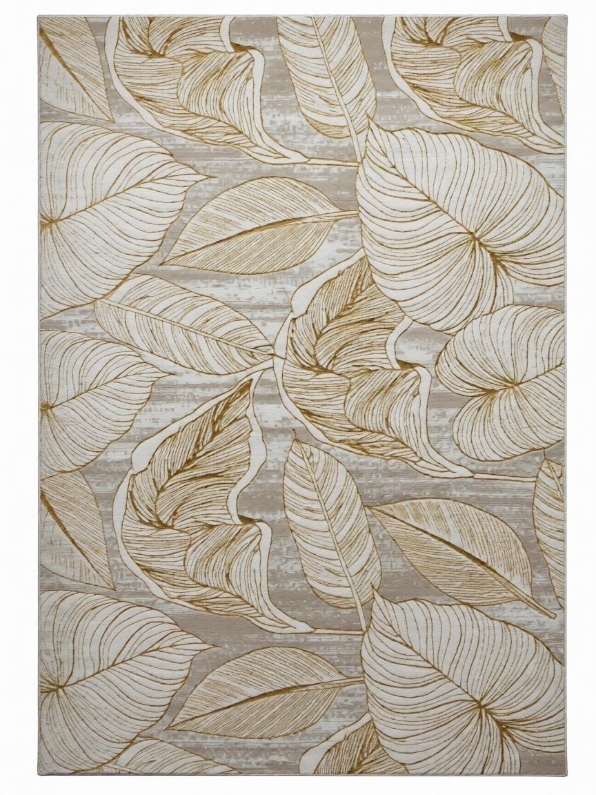 CarpetlyHome bézs színű, arany levélmintás modern szőnyeg, 100% polipropilén, 8mm szálhossz.