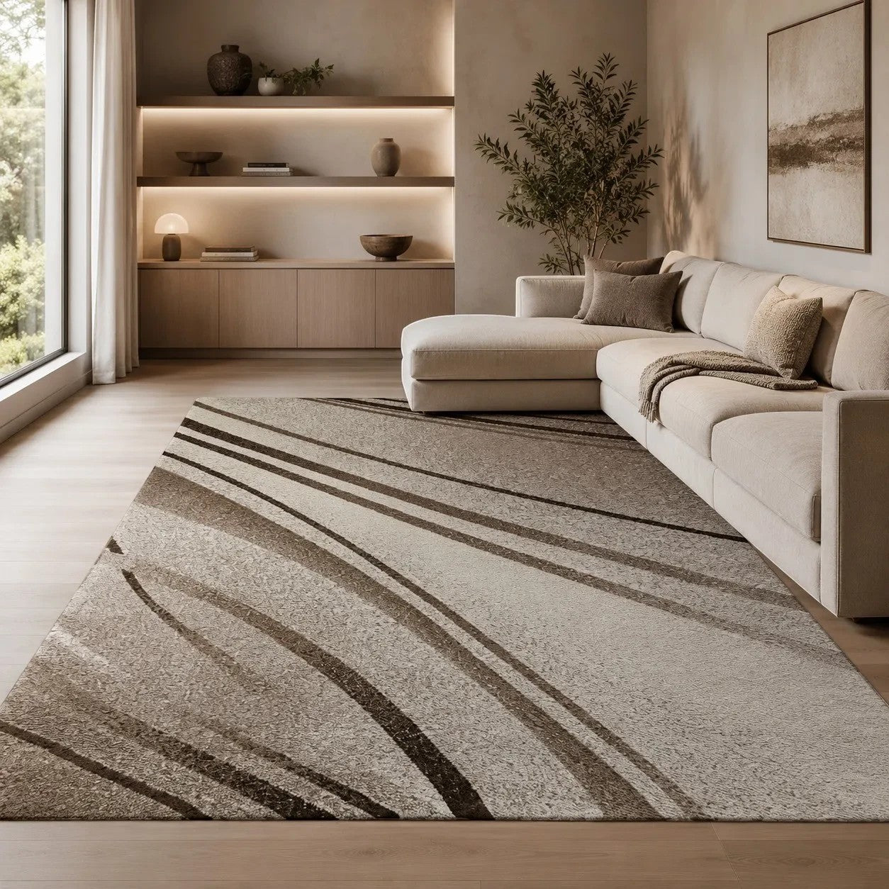 CarpetlyHome Nora modern bézs és barna absztrakt mintás szőnyeg nappaliban, 12 mm-es polipropilén szálakkal.