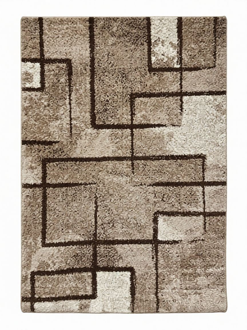 CarpetlyHome Nora bézs-barna mintás modern szőnyeg, 100% polipropilén, 12 mm szálhossz, padlófűtéshez is alkalmas.