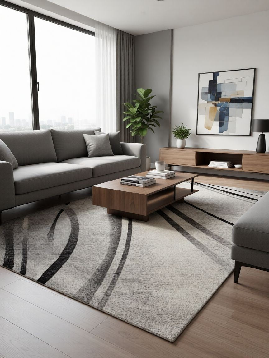 CarpetlyHome Nora szürke mintás modern szőnyeg, 100% polipropilén, 12 mm szálhossz, absztrakt mintával.