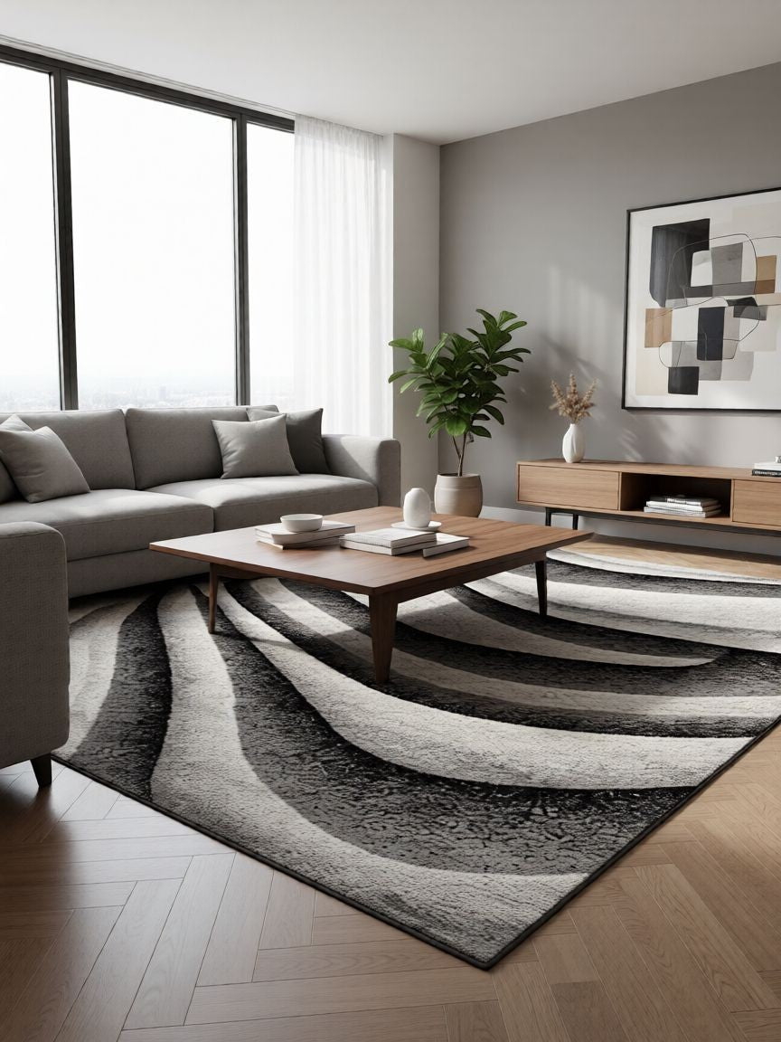 CarpetlyHome Nora szürke mintás modern szőnyeg, hullámmintával, 100% polipropilén, 12 mm szálhossz.