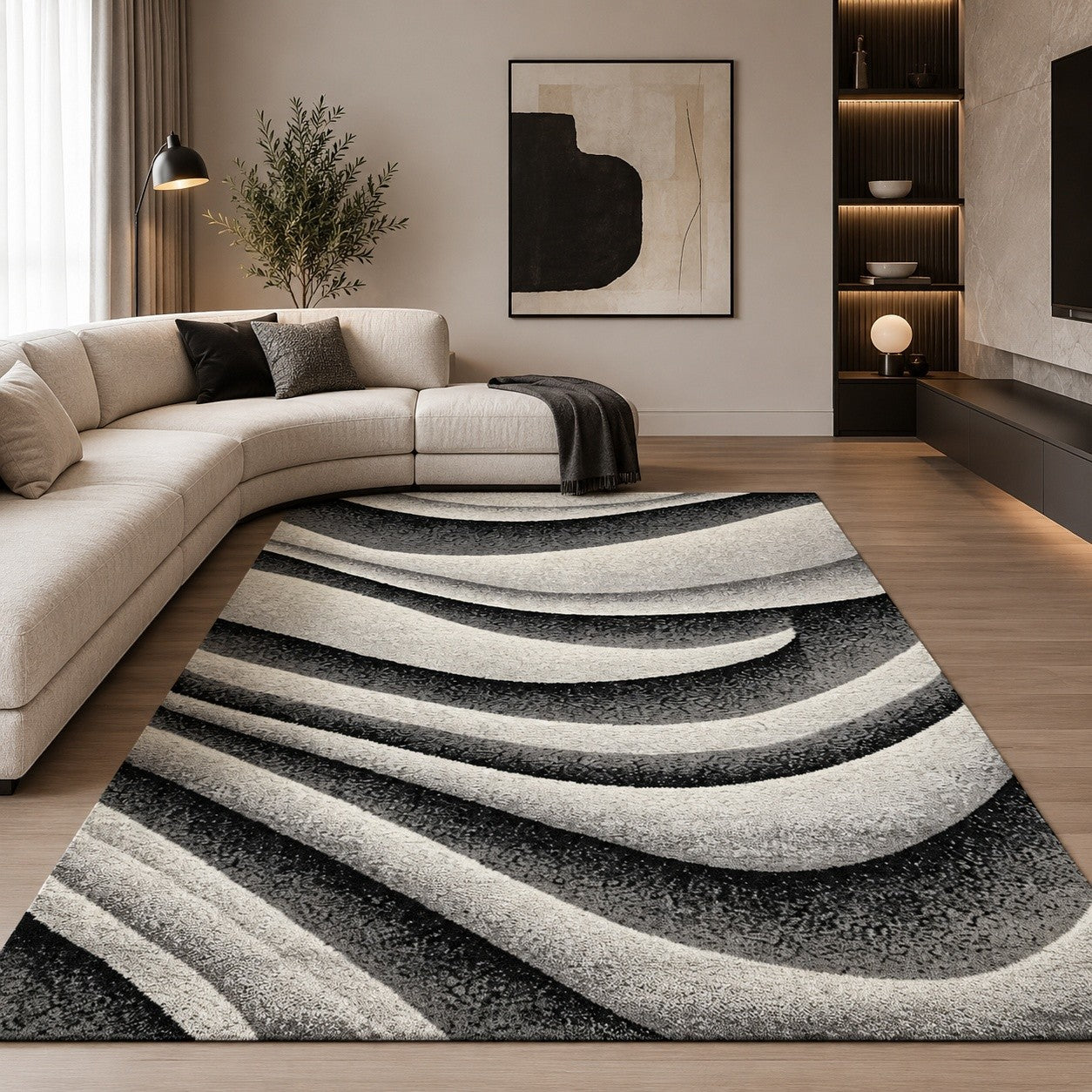 CarpetlyHome Nora szürke, hullámmintás modern szőnyeg nappaliban, 100% polipropilén anyagból, elegáns kortárs dizájnnal.
