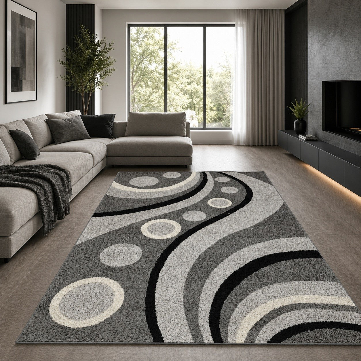 CarpetlyHome Nora szürke, absztrakt mintás modern szőnyeg körökkel és hullámvonalakkal egy stílusos nappaliban.