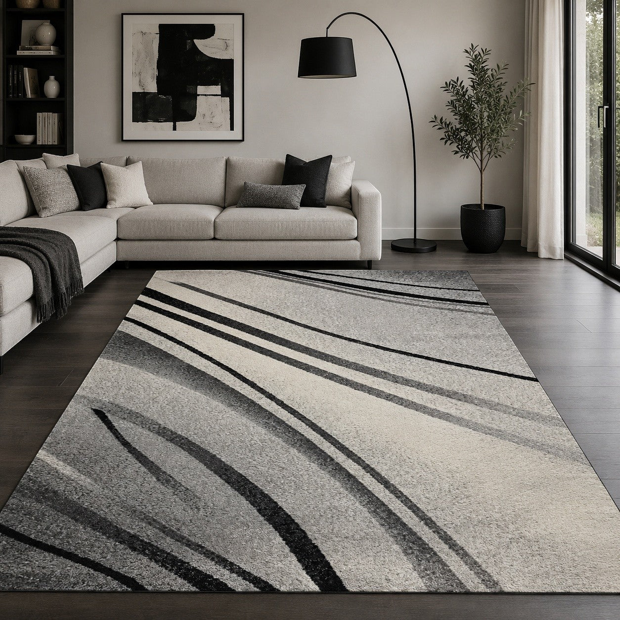 CarpetlyHome Nora szürke és fekete absztrakt mintás modern szőnyeg nappaliban, puha polipropilén anyagból.