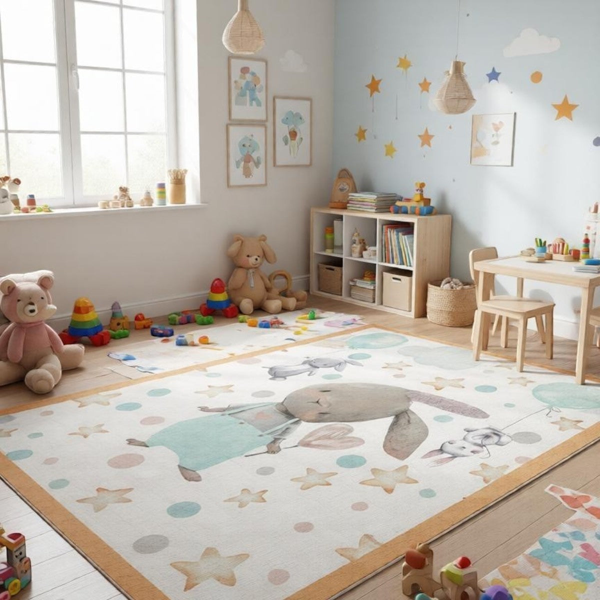 CarpetlyHome nyuszi mintás gyerekszőnyeg, puha polipropilén, pasztell színek, csillagok és léggömbök motívummal.