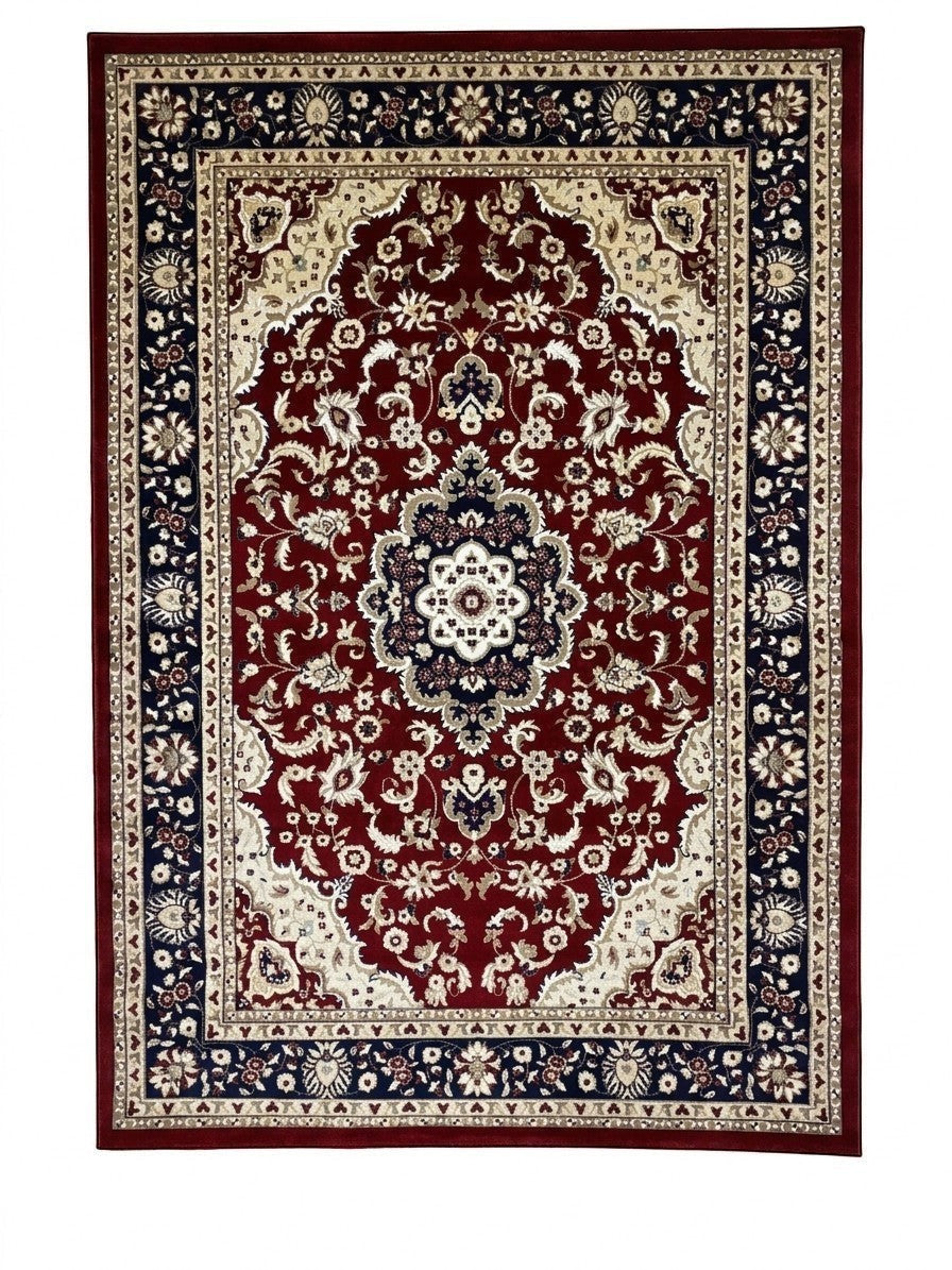 CarpetlyHome klasszikus mintás bordó-fekete szőnyeg, 100% polipropilén, 12 mm szálhossz, padlófűtéshez is alkalmas.