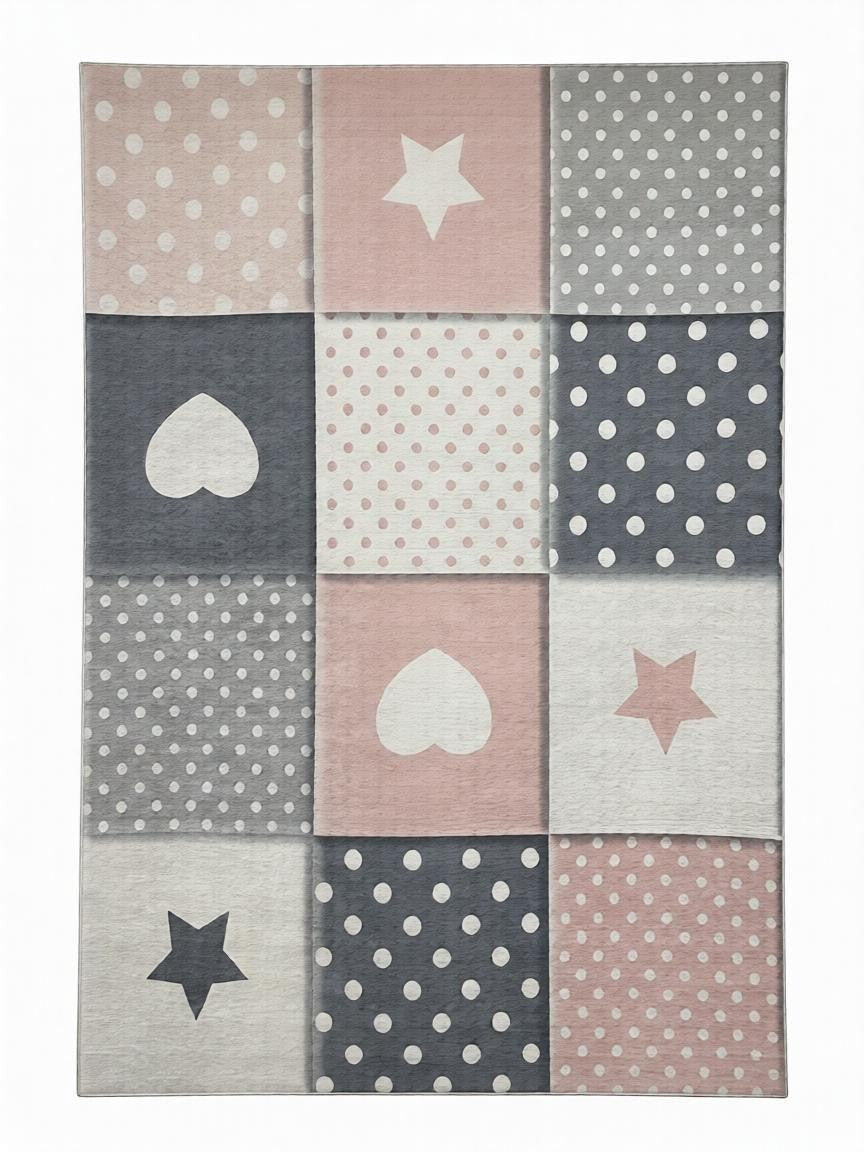 CarpetlyHome Csillag és Szív Patchwork Gyerekszőnyeg rózsaszín és szürke színben, puha polipropilén anyagból, ideális játszószobába.