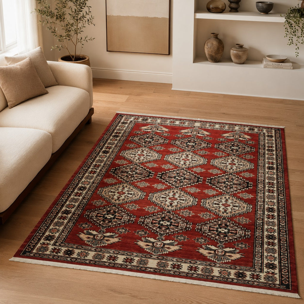 CarpetlyHome piros, etno mintás, klasszikus szőnyeg, 100% polipropilén, 7 mm szálhosszúság, 1.5 kg/m² súly, anti-allergén, padlófűtés kompatibilis