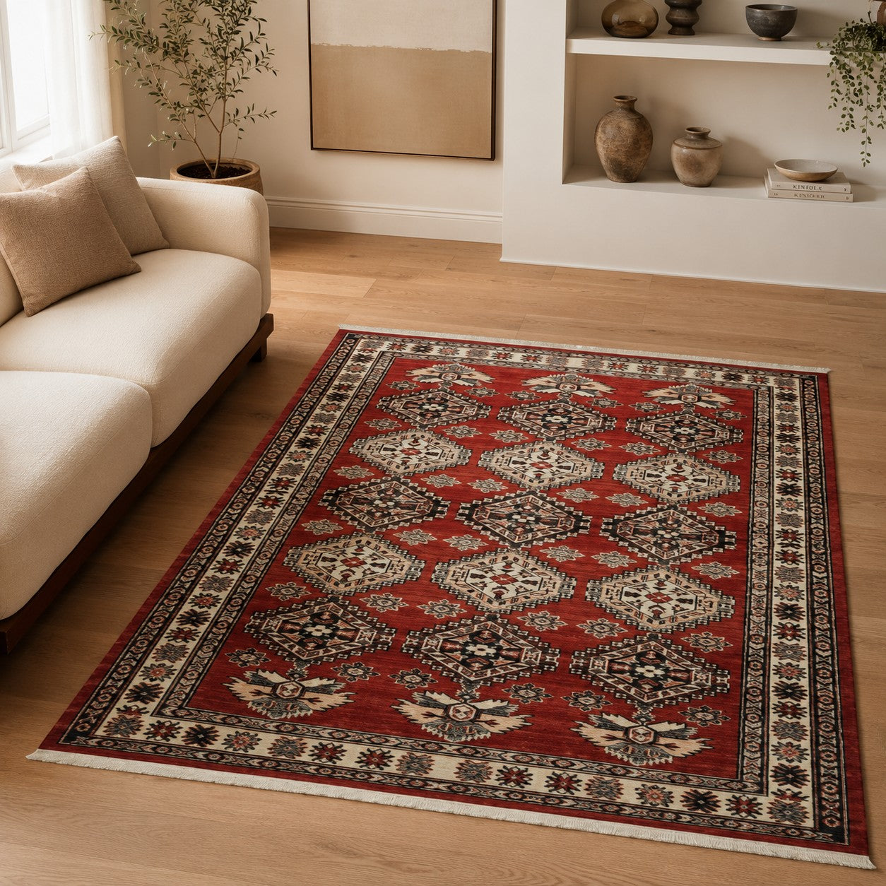 CarpetlyHome piros, etno mintás, klasszikus szőnyeg, 100% polipropilén, 7 mm szálhosszúság, 1.5 kg/m² súly, anti-allergén, padlófűtés kompatibilis