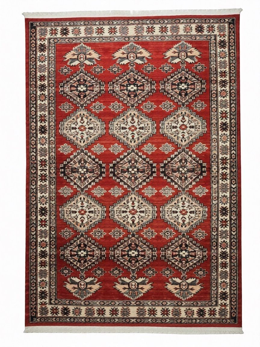 CarpetlyHome piros, etno mintás, polipropilén szőnyeg, 7 mm szálhosszúság, klasszikus stílusú