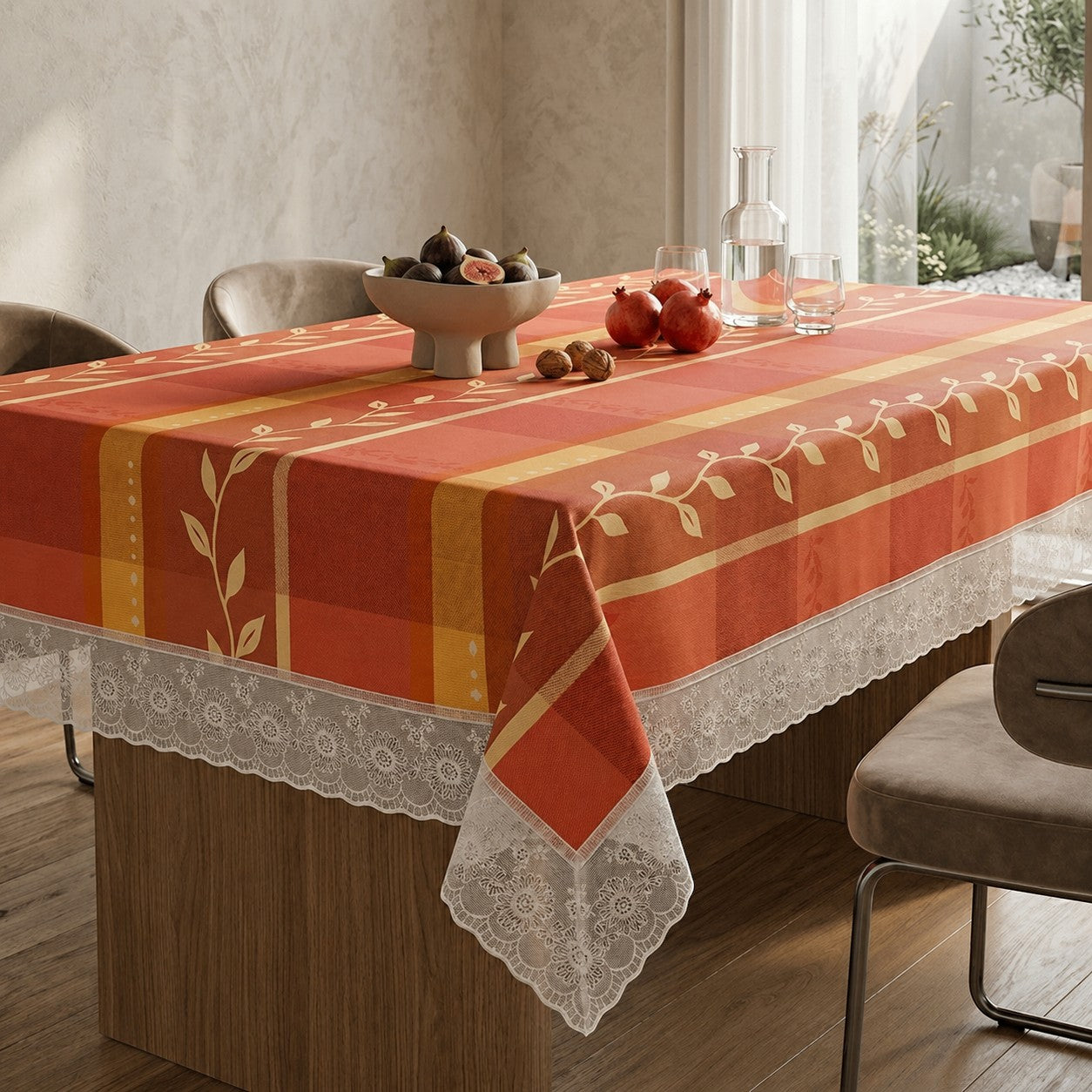 CarpetlyHome piros, leveles mintás, csipkés szélű PVC asztalterítő, vízlepergető, 140x180 cm