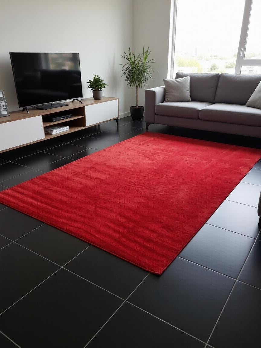 CarpetlyHome piros plüss szőnyeg, bordázott textúrával, 12 mm szálhosszúsággal, modern nappaliba