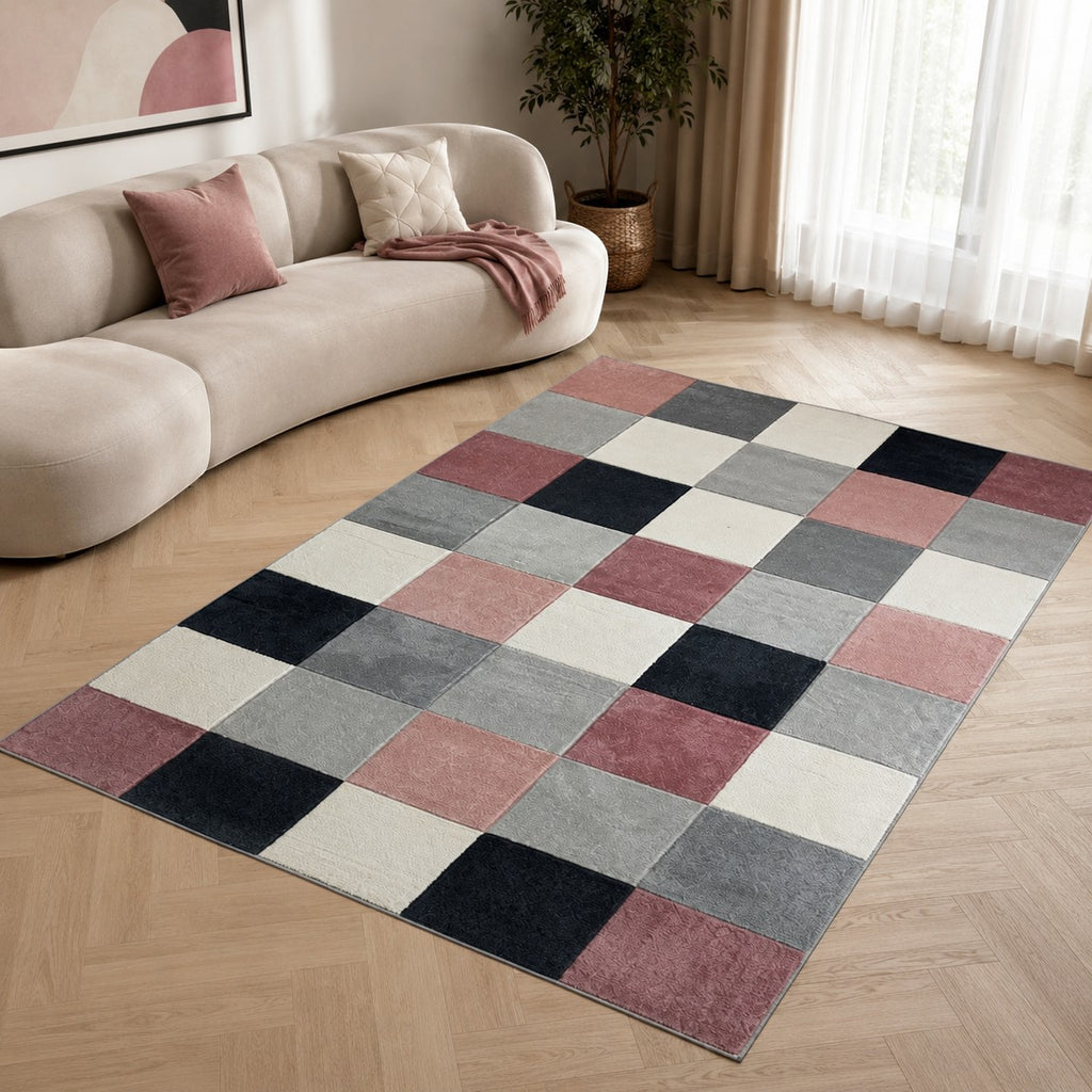 CarpetlyHome púder-szürke, rózsaszín, krém és sötétkék kockás modern szőnyeg, 100% polipropilén, 12 mm szálhossz.
