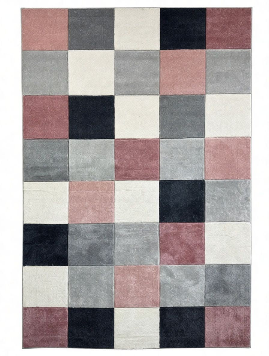 CarpetlyHome púder-szürke, rózsaszín, krém és sötétkék kockás modern szőnyeg, 100% polipropilén, 12 mm szálhossz.