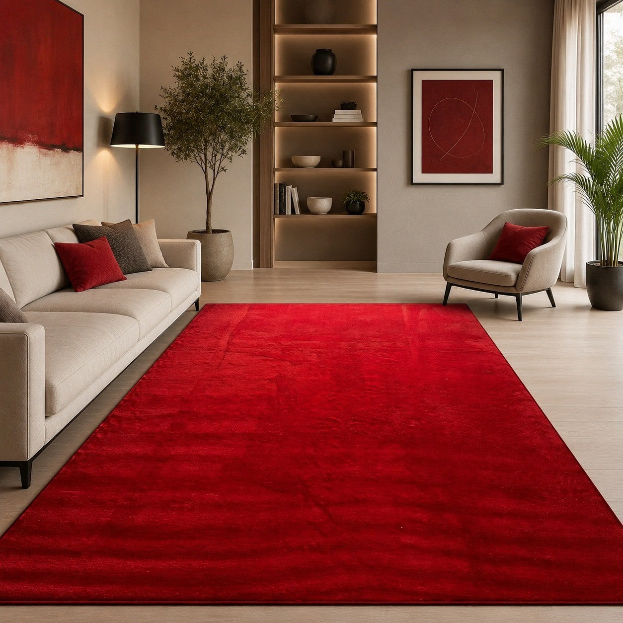 CarpetlyHome Royal plüss piros szőnyeg modern nappaliban, puha textúrával és elegáns megjelenéssel.