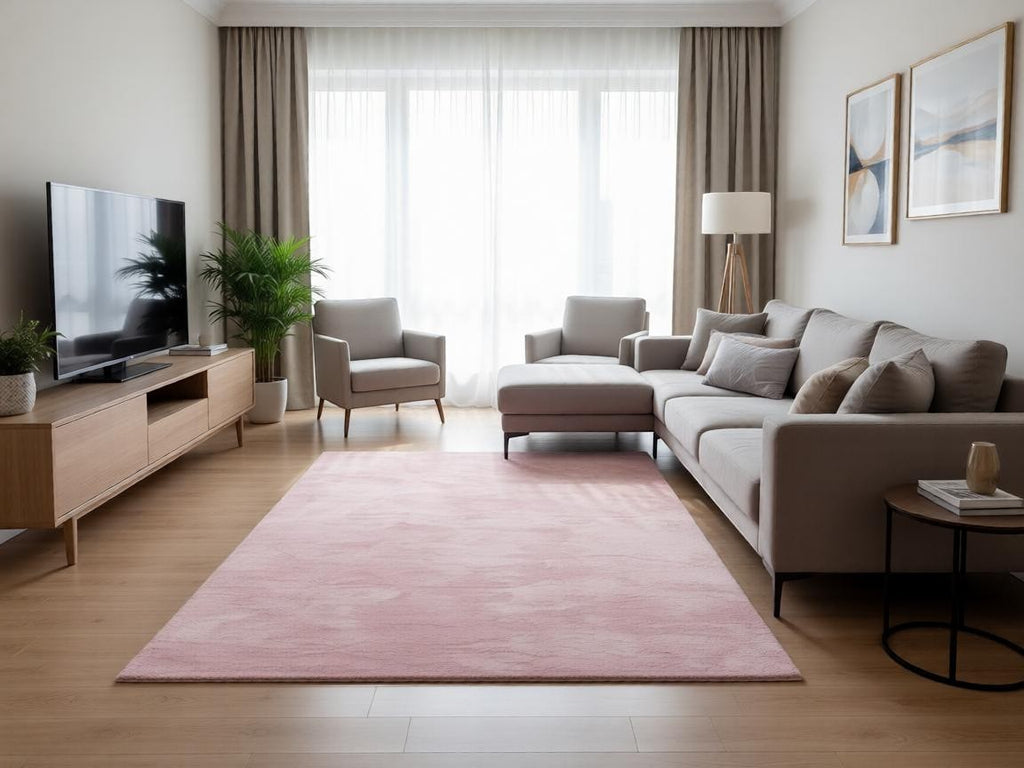 CarpetlyHome rózsaszín plüss szőnyeg, puha, egyszínű, 12 mm szálhosszúságú, ideális nappaliba vagy hálószobába.
