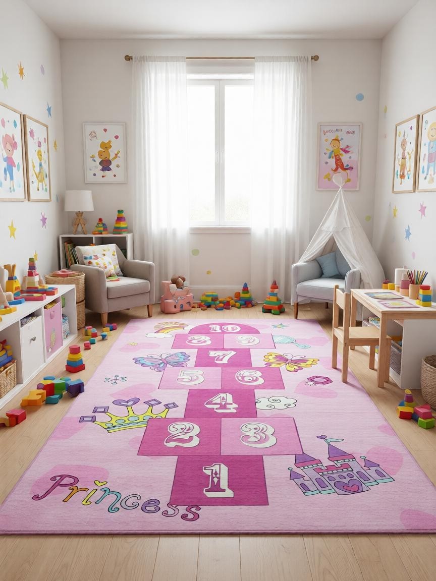 CarpetlyHome rózsaszín, ugróiskola mintás gyerekszőnyeg pillangókkal, kastéllyal és "Princess" felirattal. Polipropilén.