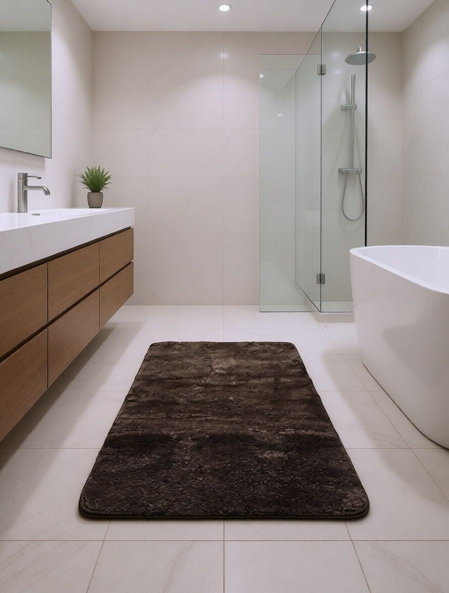 CarpetlyHome sötétbarna shaggy plüss fürdőszoba szőnyeg, 100% polipropilén, csúszásgátló hátoldal, 30mm szálhossz.