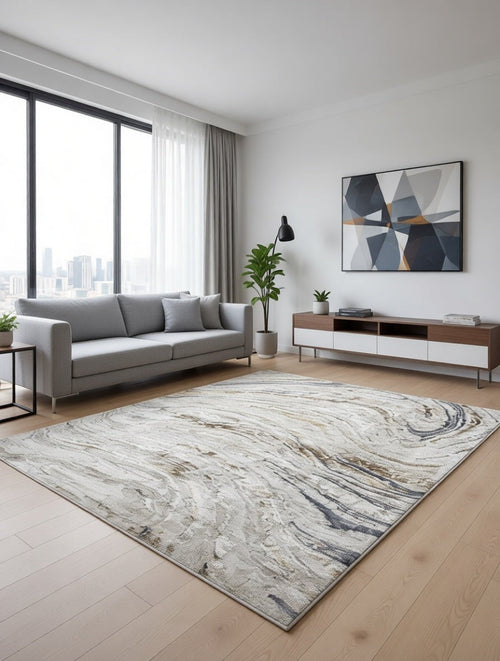 CarpetlyHome SUNSET bézs-arany-kék absztrakt mintás modern szőnyeg, 100% polipropilén, 12mm szálhossz.