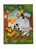 CarpetlyHome szafari mintás gyerekszőnyeg, oroszlán, zsiráf, zebra, elefánt, tukán, mókus és kígyó figurákkal, élénk színekkel, 100% polipropilén, 7mm szálhossz.