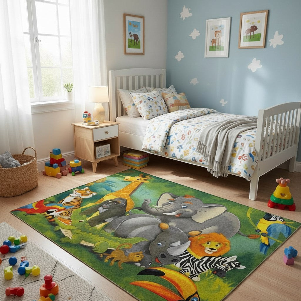 CarpetlyHome szafari mintás gyerekszőnyeg színes állatokkal és zöld dzsungel motívummal egy hangulatos gyerekszobában