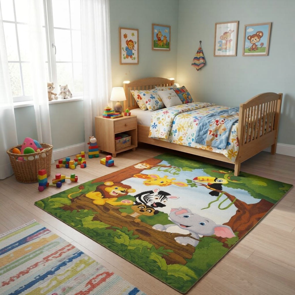 CarpetlyHome szafari mintás gyerekszőnyeg oroszlánnal, zsiráfokkal, zebrával, elefánttal és tukánnal. Puha, 100% polipropilén, 7 mm szálhossz.