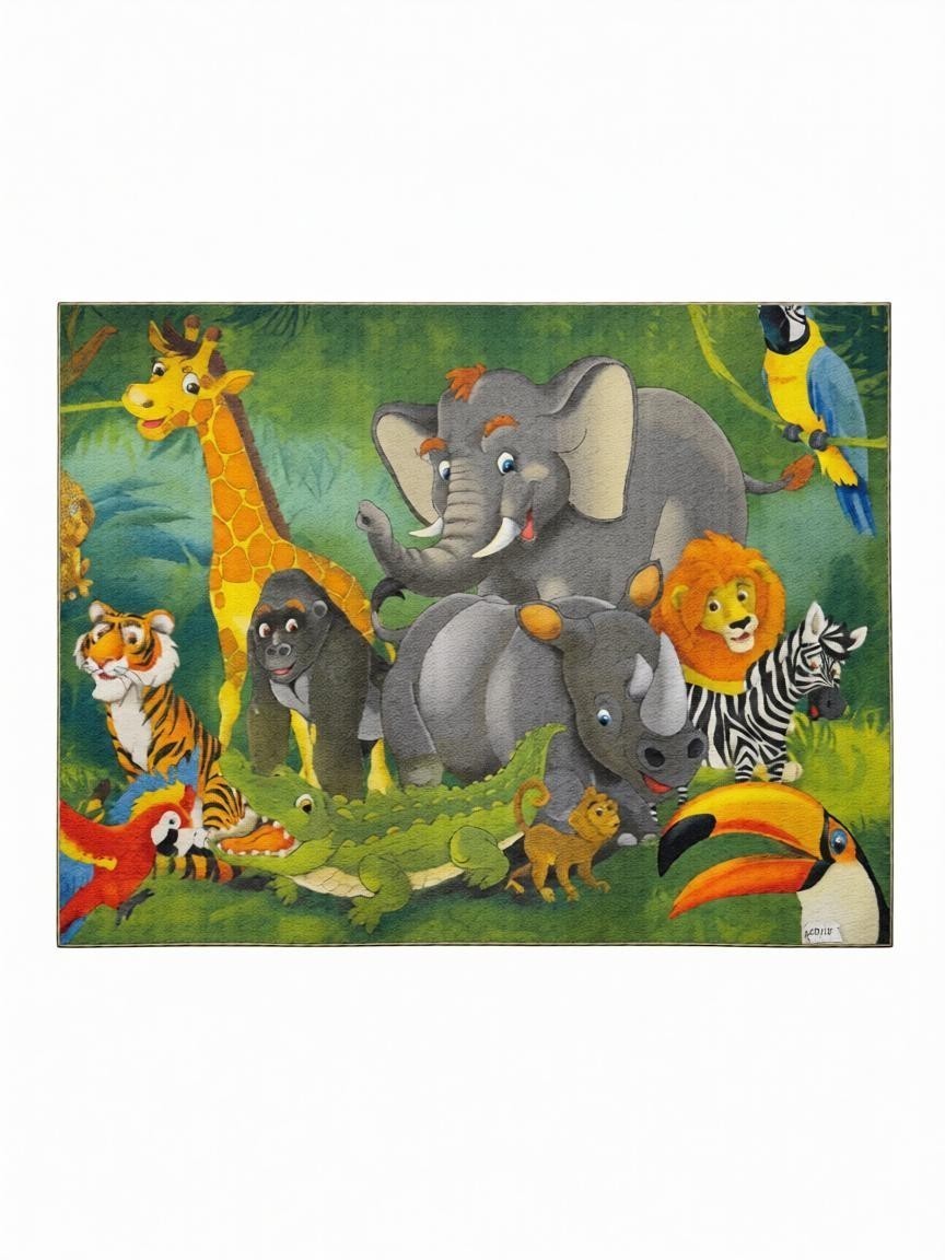 CarpetlyHome szafari mintás gyerekszőnyeg elefánttal, zsiráffal, oroszlánnal, tigrissel, zebrával, gorillával, orrszarvúval, krokodillal, tukánnal és papagájjal.