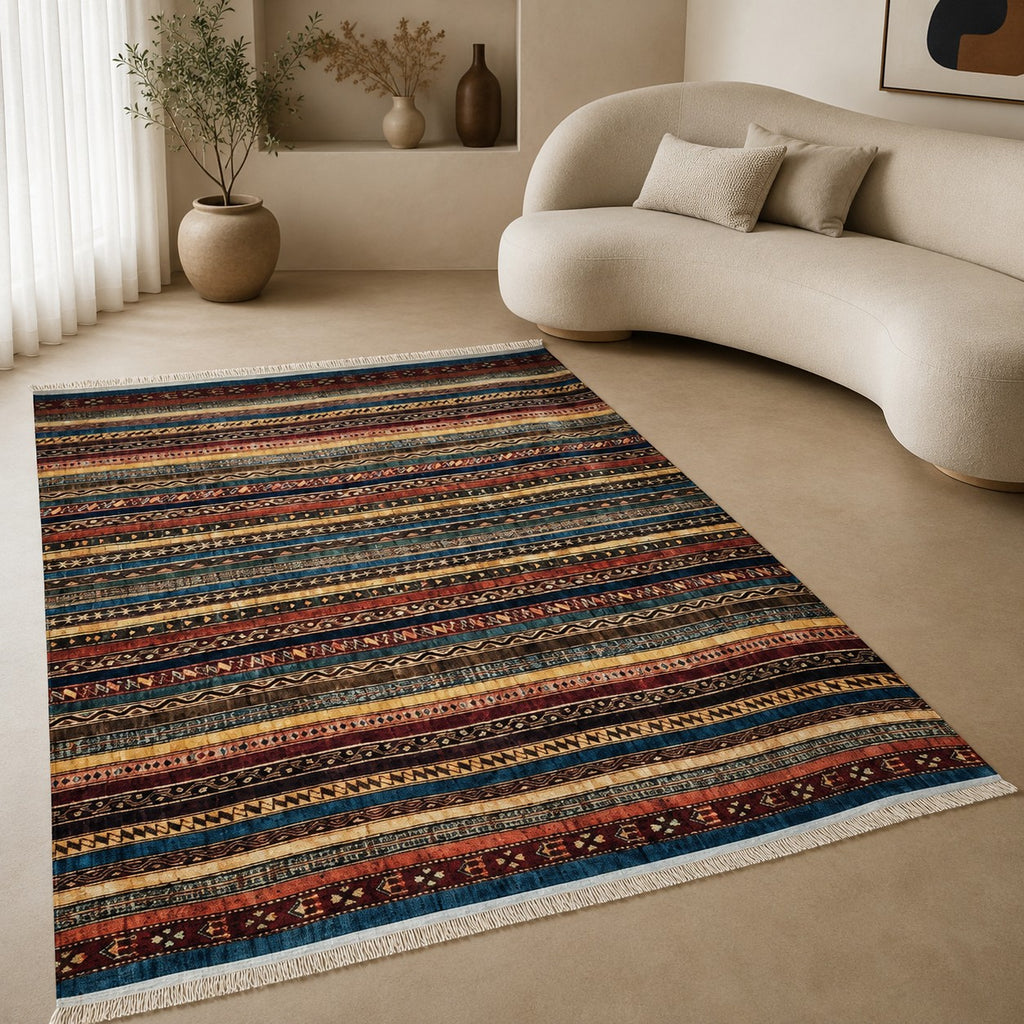 CarpetlyHome színes, csíkmintás, etnikai ihletésű, polipropilén szőnyeg, 7 mm szálhosszúsággal
