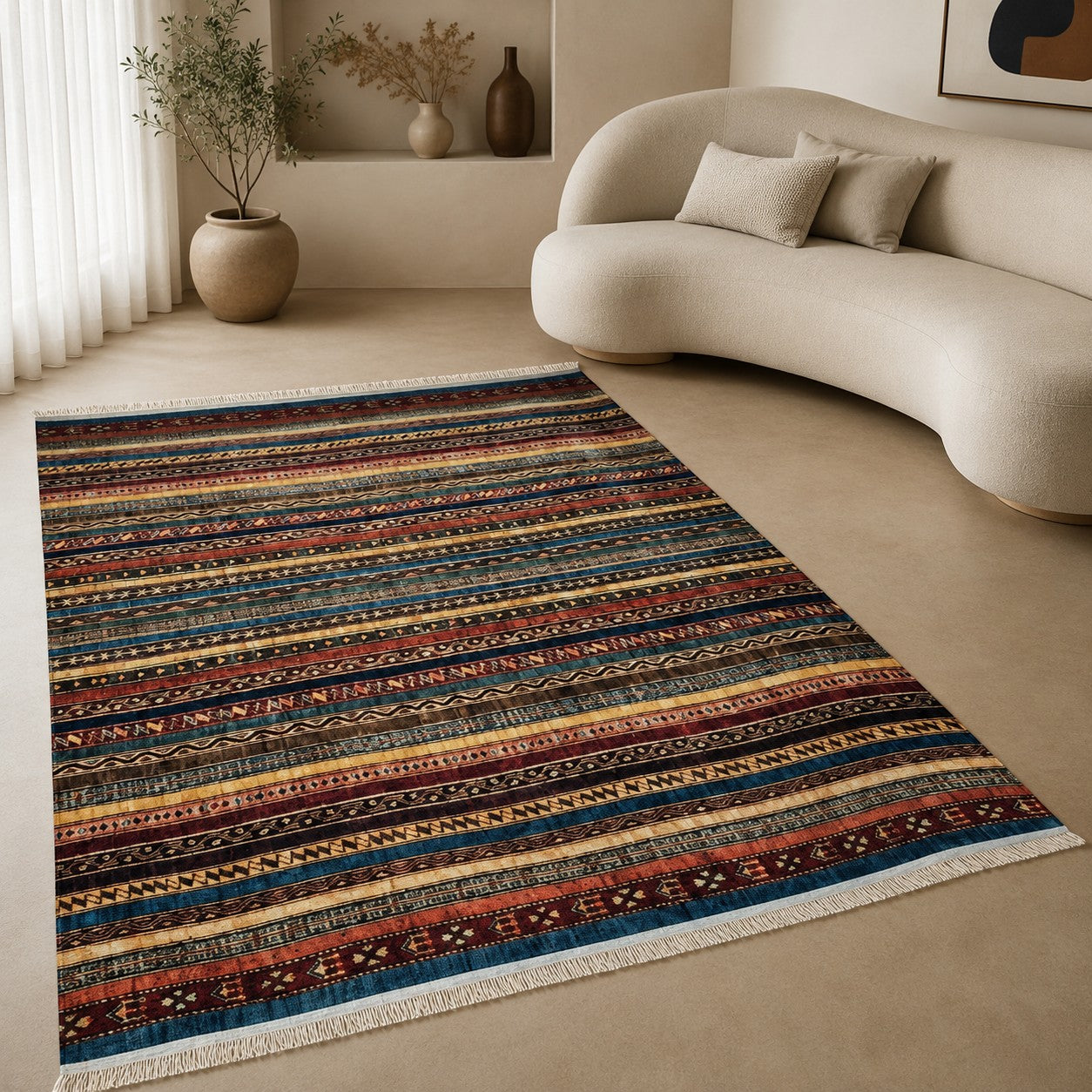 CarpetlyHome színes, csíkmintás, etnikai ihletésű, polipropilén szőnyeg, 7 mm szálhosszúsággal