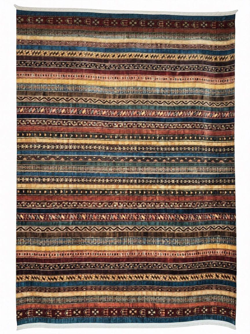 CarpetlyHome színes, csíkmintás, etnikai ihletésű, 100% polipropilén szőnyeg, 7 mm szálhossz.