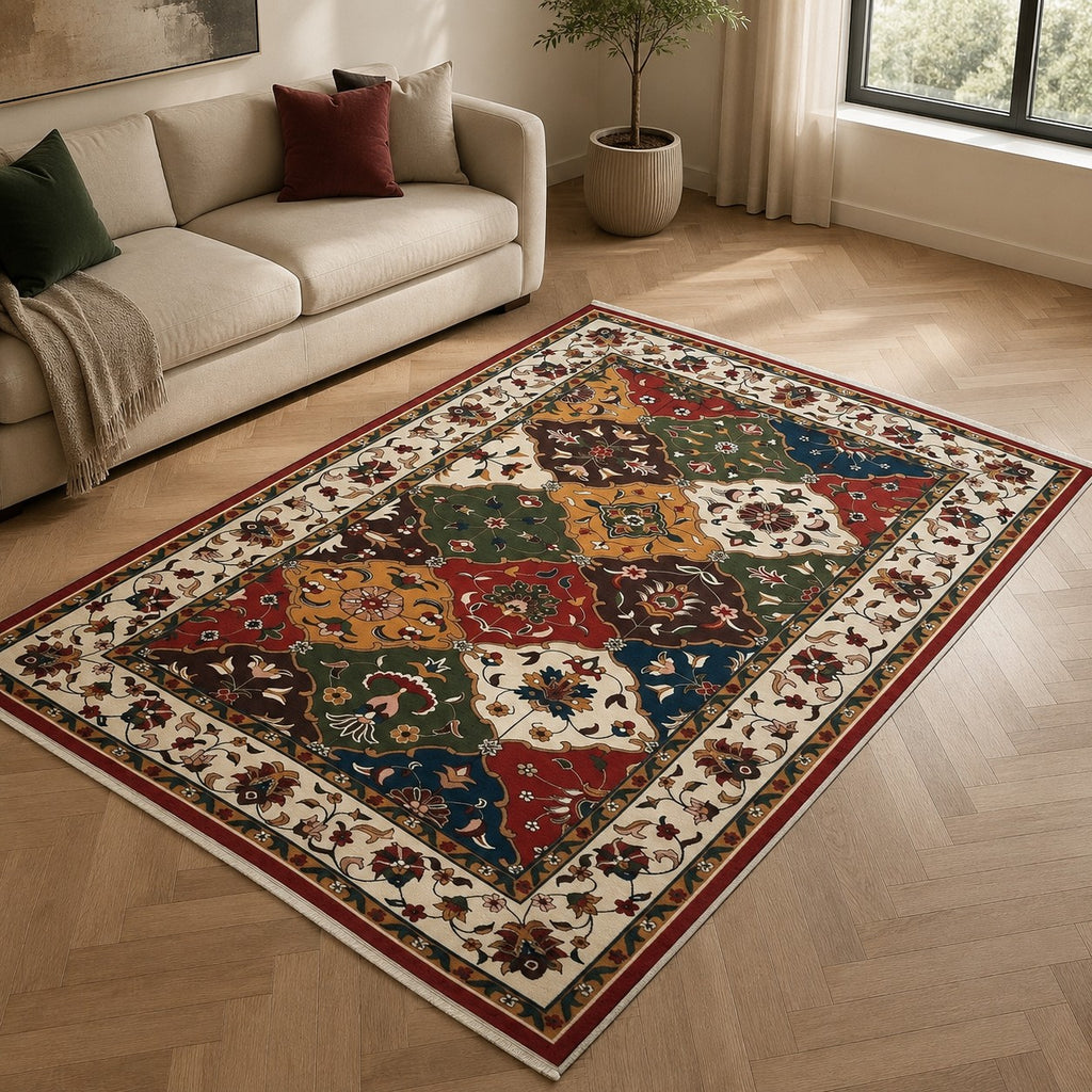 CarpetlyHome színes patchwork orientál mintás klasszikus szőnyeg, polipropilén, 7mm szálhossz, 1.5 kg/m², padlófűtéshez is alkalmas