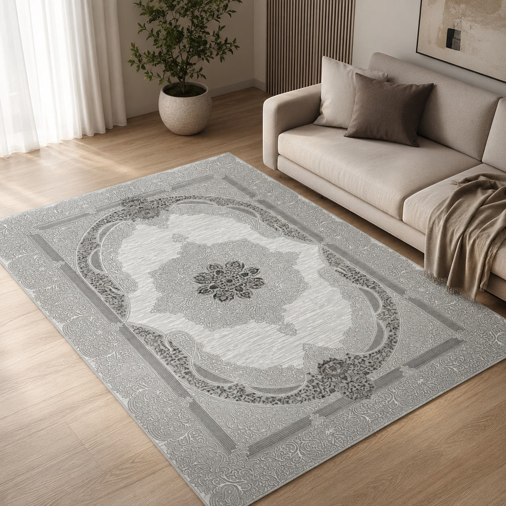 CarpetlyHome szürke-krém medálmintás klasszikus szőnyeg, 100% polipropilén, 12 mm szálhossz.