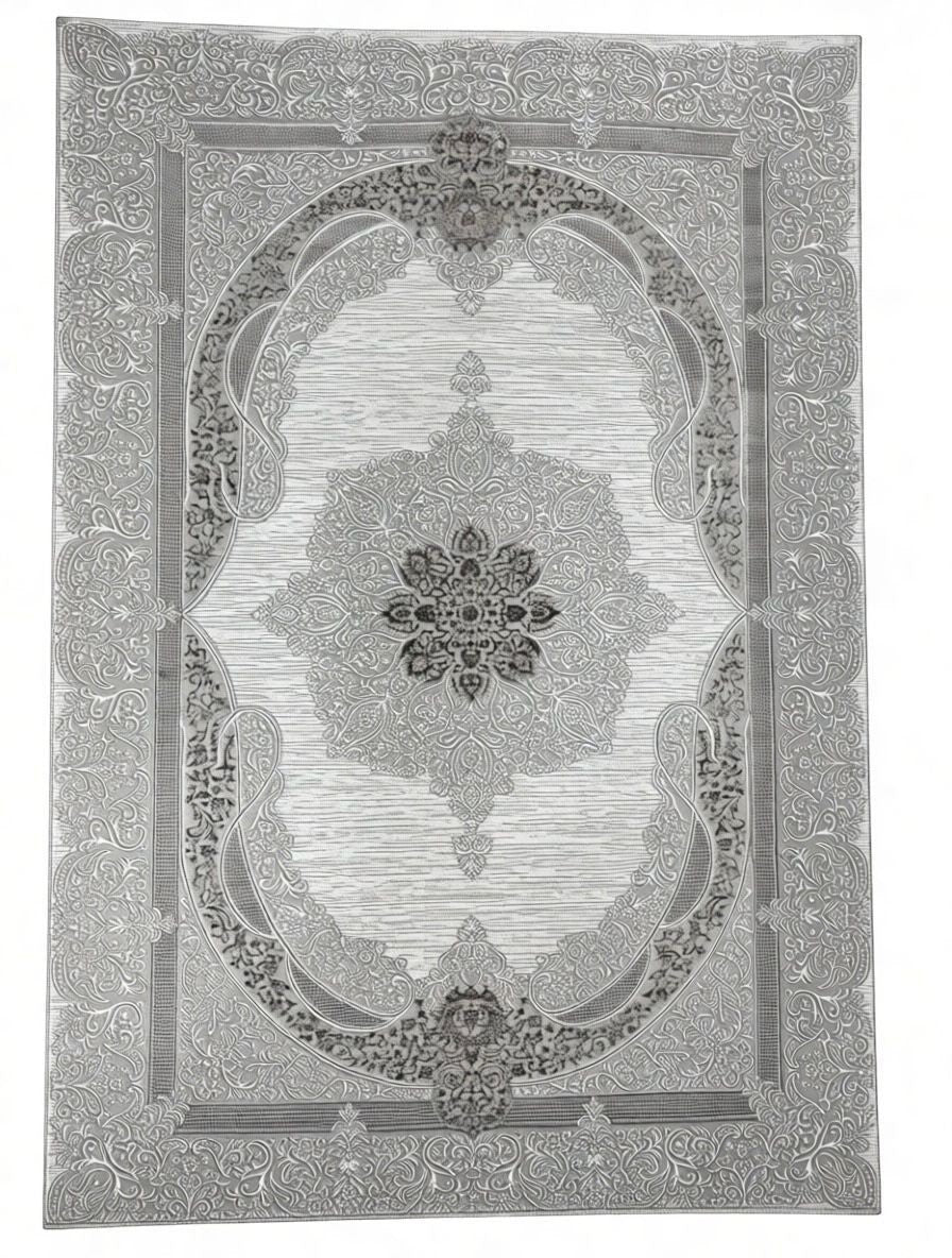 CarpetlyHome klasszikus medálmintás szőnyeg, szürke és krémszínű, 100% polipropilén, 12 mm szálhossz.
