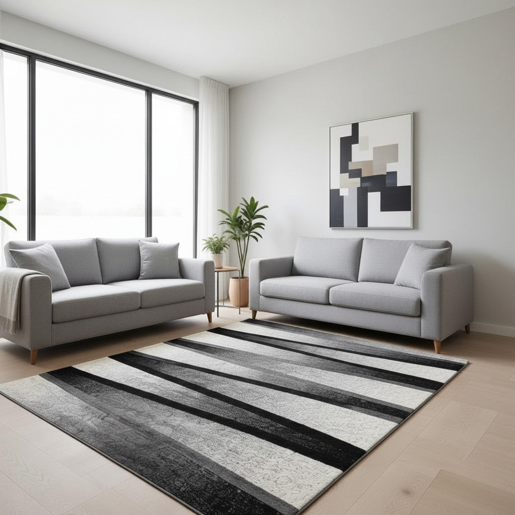 CarpetlyHome szürke, fekete és fehér csíkos szőnyeg, 100% polipropilén, 12 mm szálhossz, padlófűtéshez is alkalmas