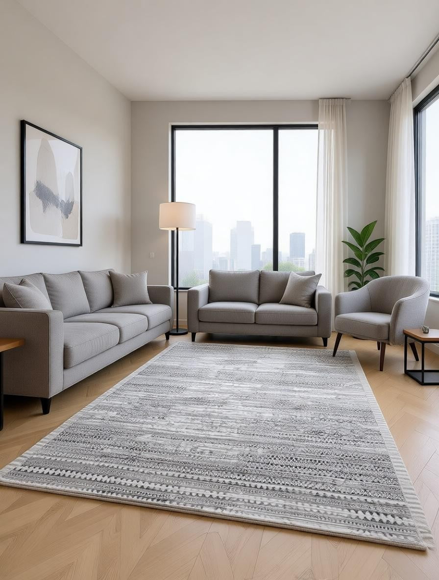 CarpetlyHome szürke etnikai csíkmintás modern szőnyeg, 100% polipropilén, 12 mm szálhossz, könnyen tisztítható.