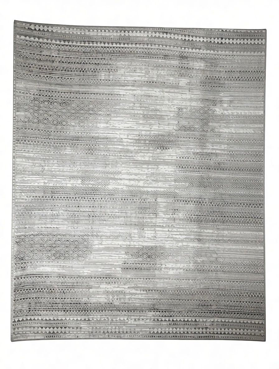 CarpetlyHome szürke etnikai csíkmintás modern szőnyeg, 100% polipropilén, 12 mm szálhossz, padlófűtéshez is alkalmas.