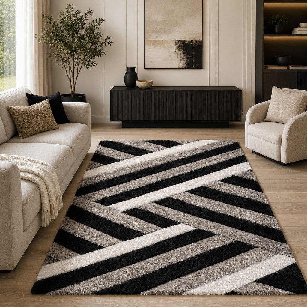 CarpetlyHome 3D California szürke-fekete shaggy szőnyeg geometrikus mintával modern nappaliban