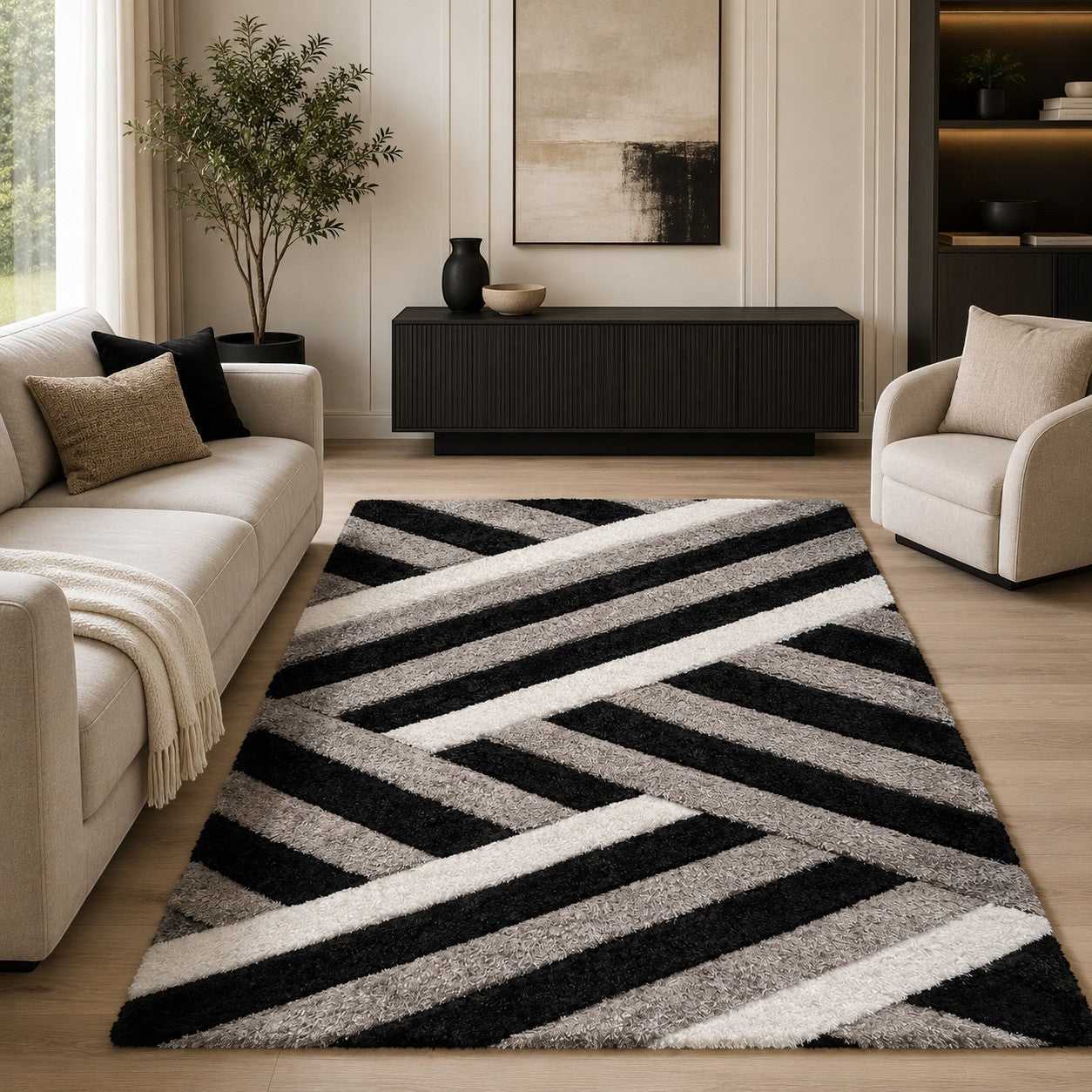 CarpetlyHome 3D California szürke-fekete shaggy szőnyeg geometrikus mintával modern nappaliban