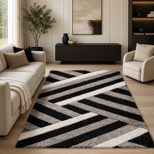 CarpetlyHome 3D California szürke-fekete shaggy szőnyeg geometrikus mintával modern nappaliban