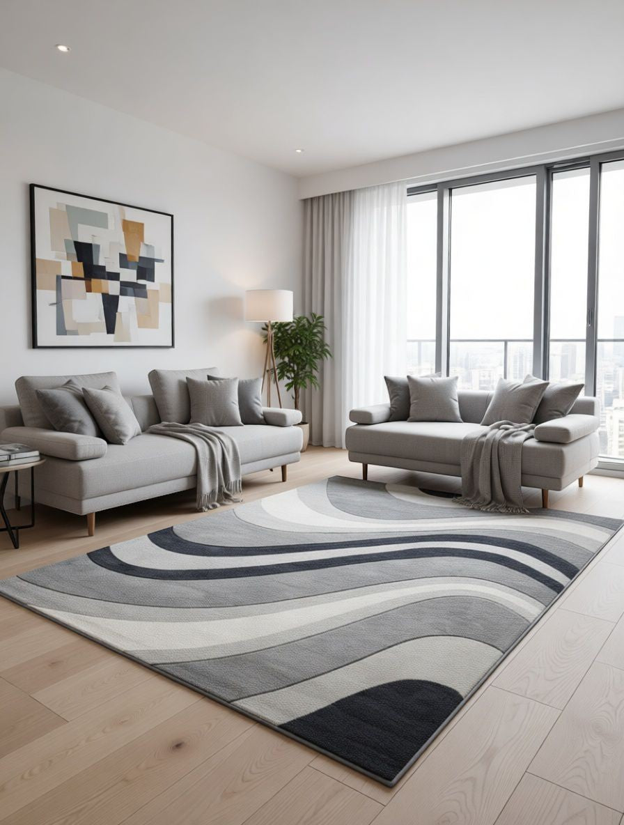 CarpetlyHome szürke hullámzó geometriai mintás modern szőnyeg, 100% polipropilén, 12 mm szálhossz.